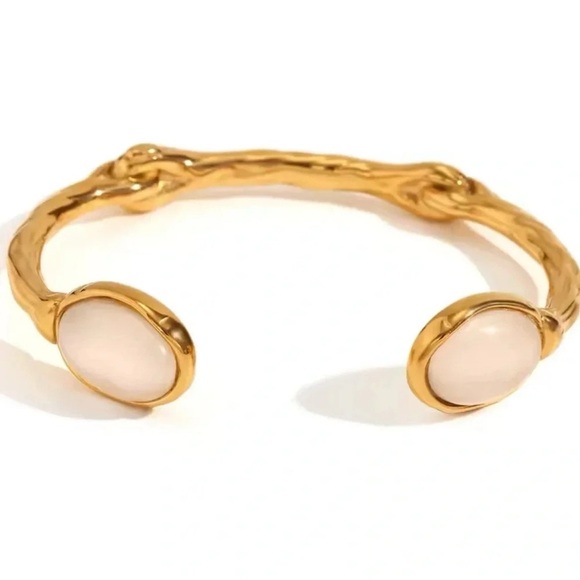 Anthropologie White Agate 18K Gold Stainless Steel Waterproof Cuff Bracelet - Picture 1 of 6